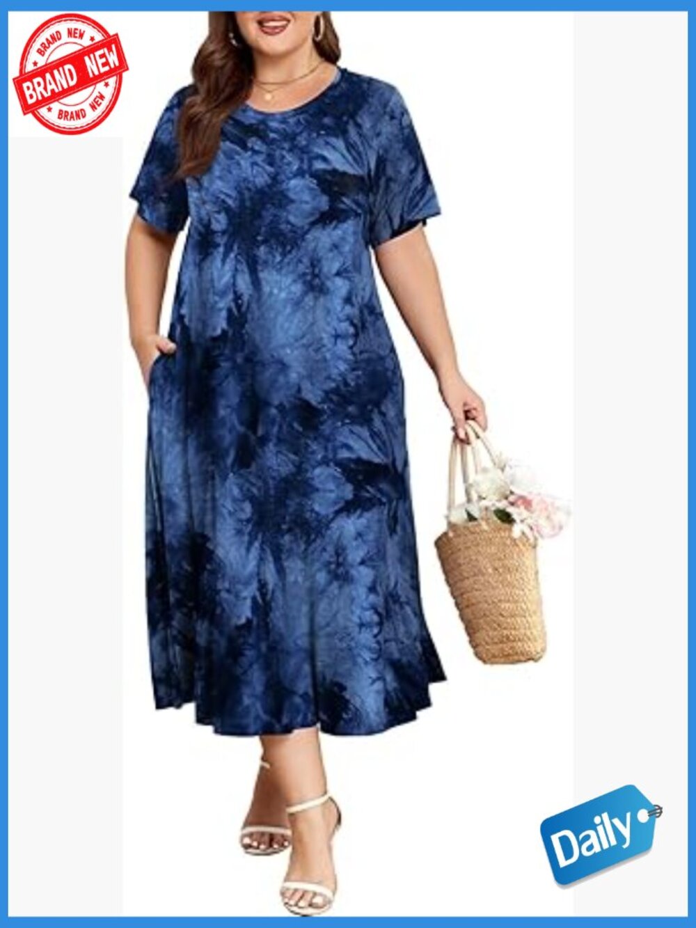 Plus Size Crew Neck Short Sleeve Maxi Dress with Pockets
